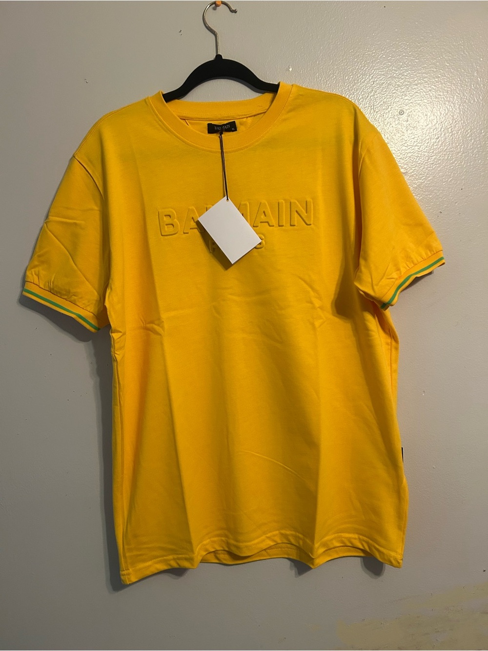 Balmain Yellow Embossed Logo Short Sleeve Tee with Trim